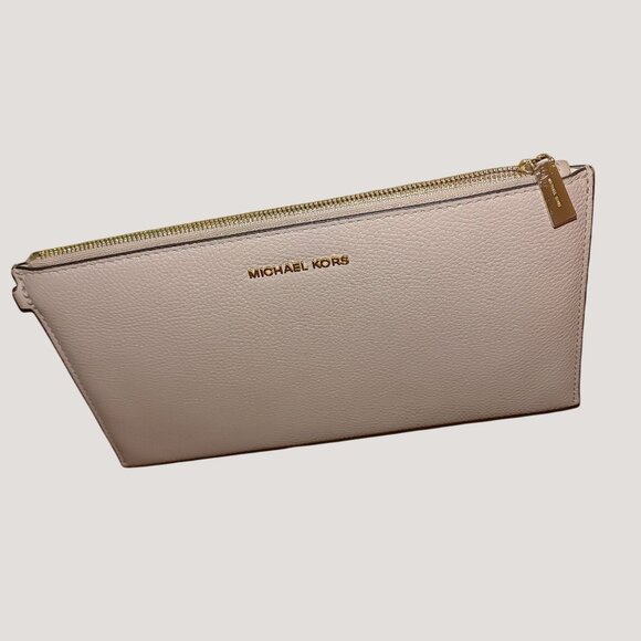 Michael Kors Pebbled Leather Zip Clutch Makeup Travel XL Wristlet Pale Pink Fair - Picture 3 of 9